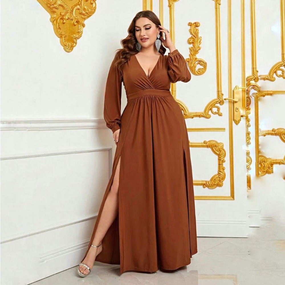 Faeriesty Plus Elegant V Neck Long Sleeve maxi Dress rust brown orange size 3XL